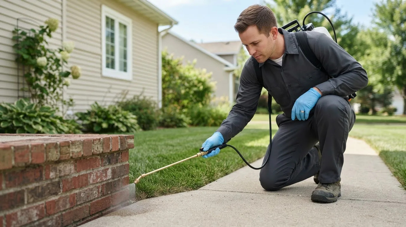 Pest control technician treating a home near Cross Fork, PA